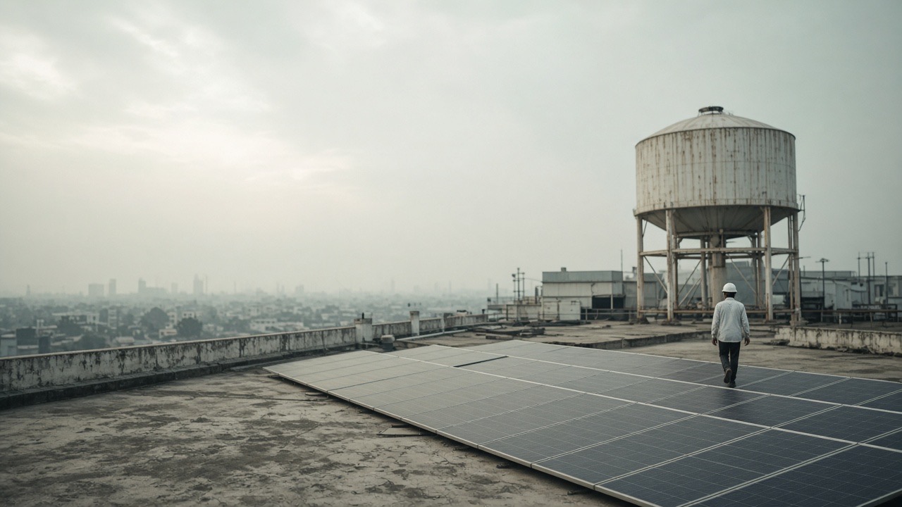 Rows of solar panels on a factory rooftop under a hazy sky, a water tank behind, one person in a hard hat walking away