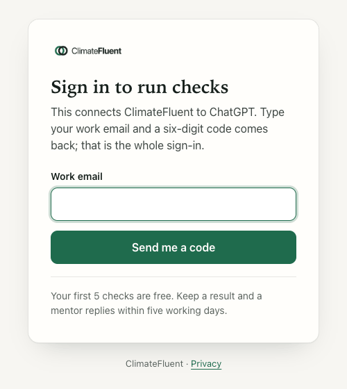 ClimateFluent's sign-in page as it opens from ChatGPT: Sign in to run checks, a Work email field and a button to send the code.