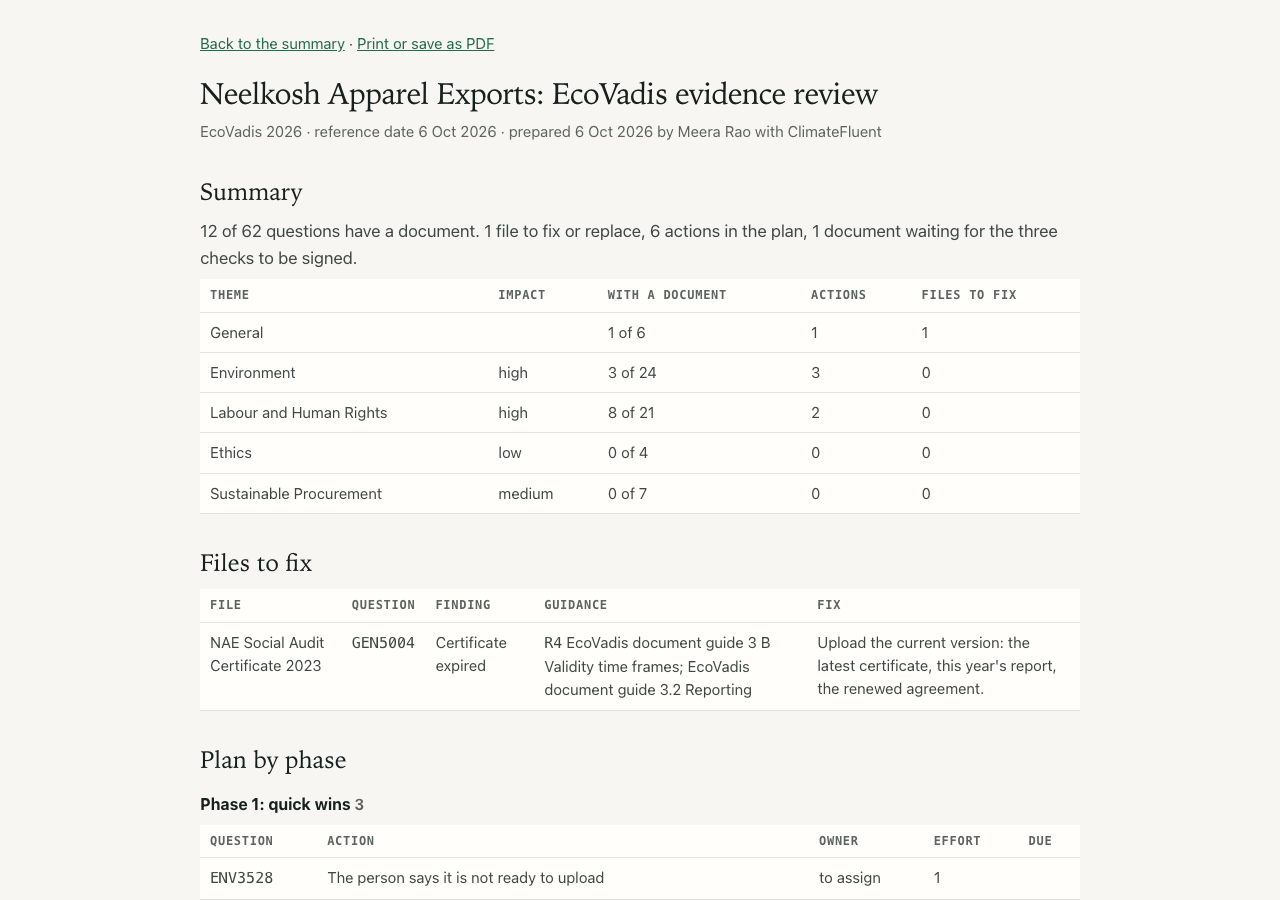 The printable review for the invented company: summary counts, the files to fix table and the plan by phase.