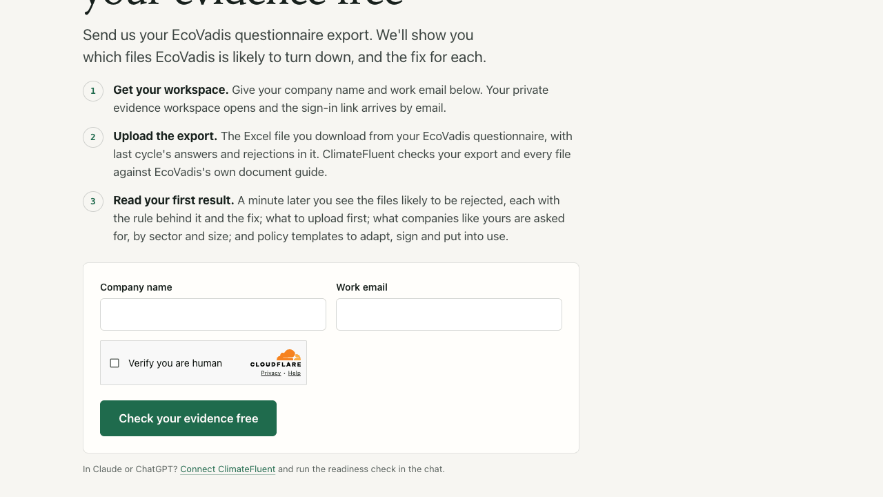 The evidence check page with the sign-up form: Company name, Work email, a bot check and the Check your evidence free button.
