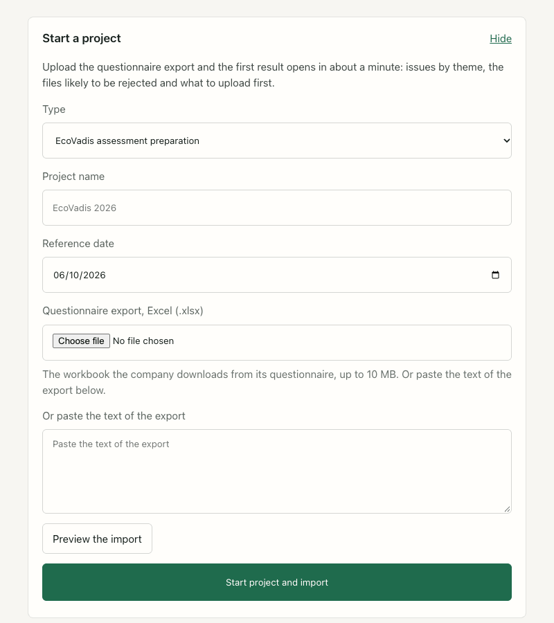 The Start a project form: Type, Project name, Reference date, the questionnaire export file field, a box to paste the export text, Preview the import and Start project and import.