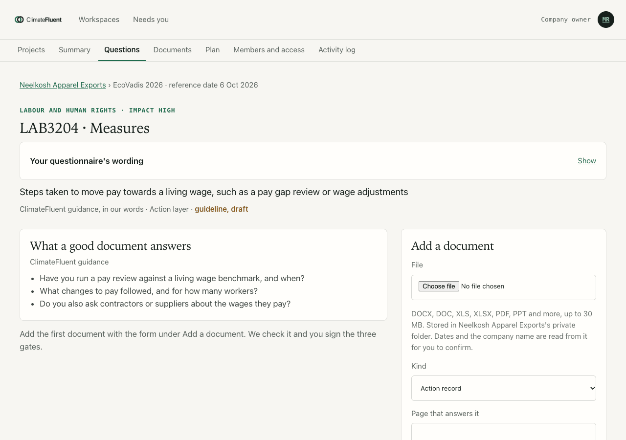 A question page with the questionnaire wording folded, ClimateFluent guidance and the Add a document form with File, Kind and Page that answers it.