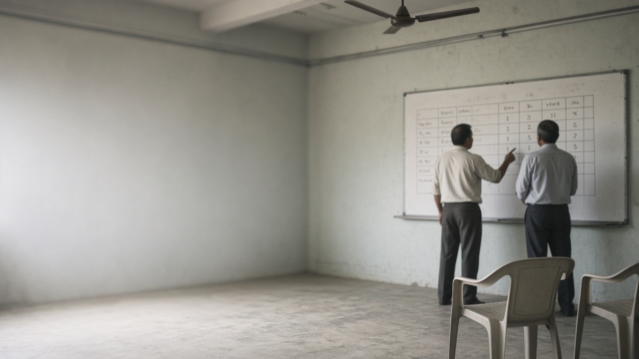 Two people at a whiteboard covered in a hand-drawn table of numbers, seen from behind, in a plain room with a ceiling fan