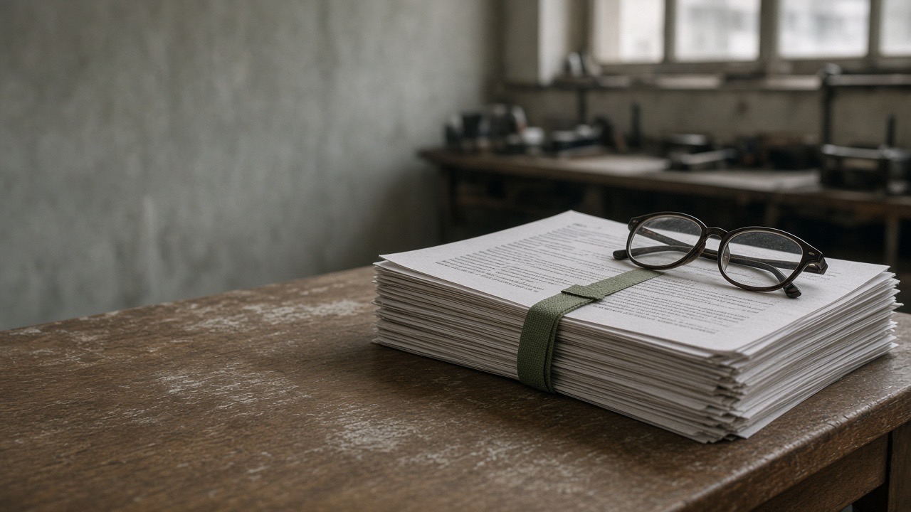A stack of printed circulars bound with green tape, a pair of reading glasses resting on top, on a worn wooden desk